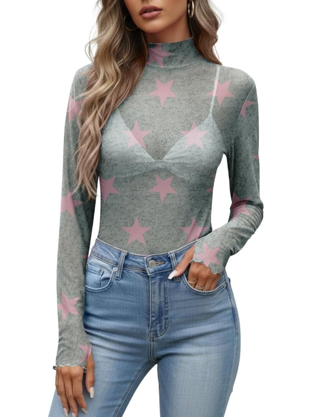 Women's Pink Star Polyester Mesh Top Blouse Party Clubwear Long Sleeve Shirt